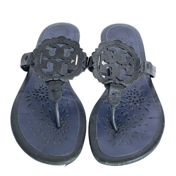 Tory Burch Miller Scallop Leather Sandals Navy Blue/Black Slide Women’s Size 10 - Picture 3 of 9